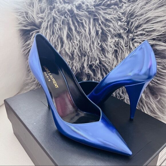Saint Laurent Kiki 100 metallic Leather Pumps Blue Roy size 36.5 - Picture 3 of 12